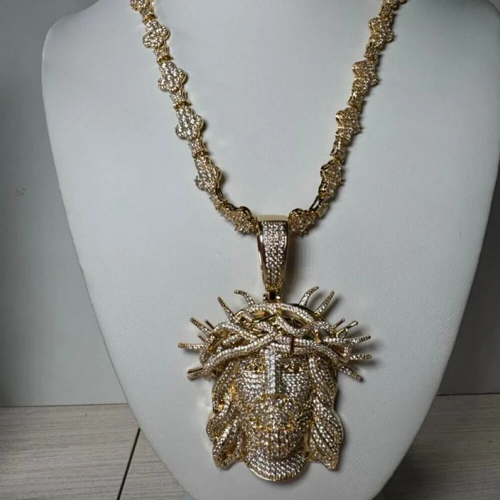Gold Iced Out Jesus Piece pendant and necklace 20inch